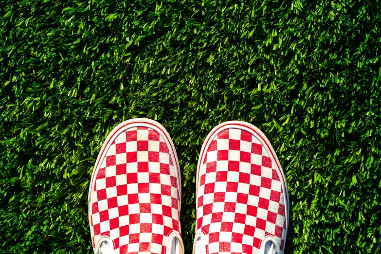 someone in red and white checkerboard sneakers stands on grass