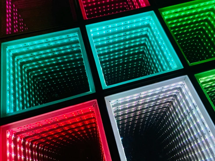 multiple different colored square lights in a room