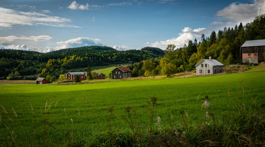 a landscape s of mountains and a house on a green field