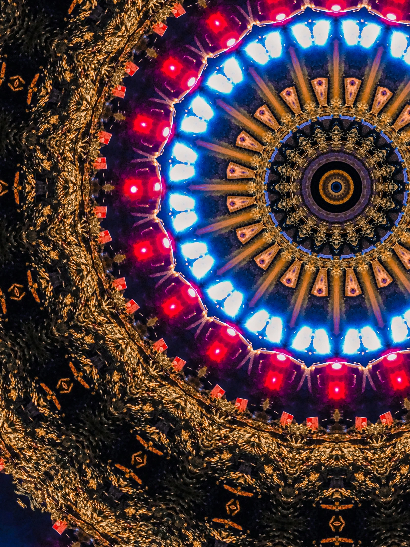 view inside a colorfully decorated ceiling at night