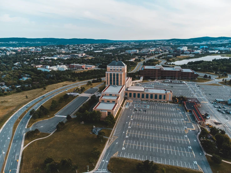 an aerial s of a parking lot in the middle of town