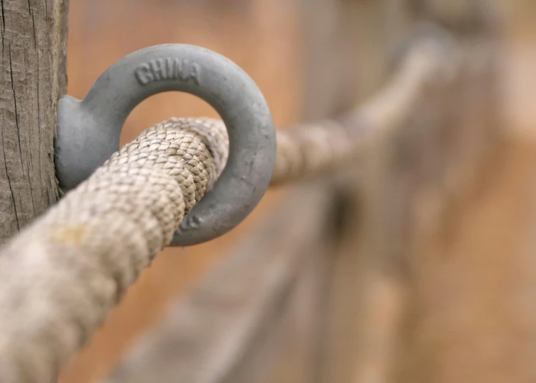 a close up s of an animal's gray rope on a wooden post