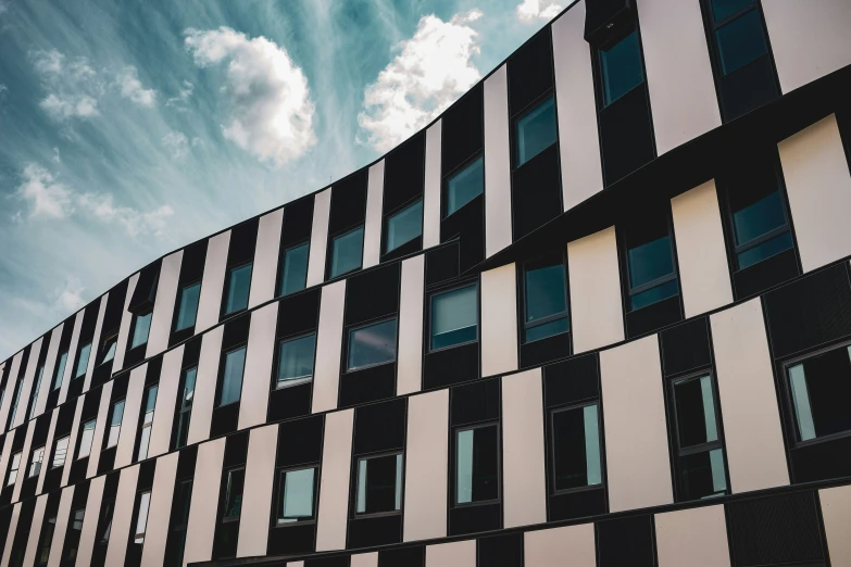 looking up at a black and white building