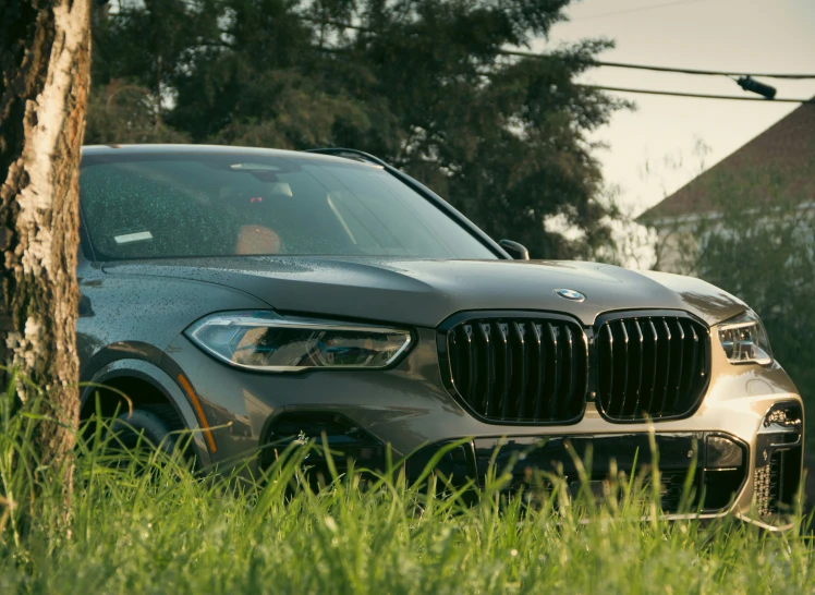 a bmw car parked by a tree in front of some buildings