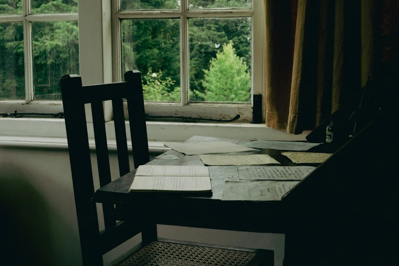 a wooden chair in front of a window filled with papers