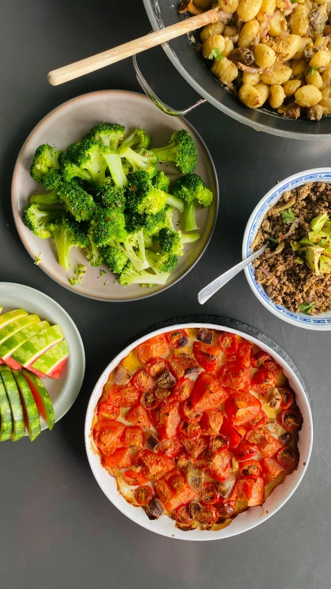 a group of food is being served in bowls