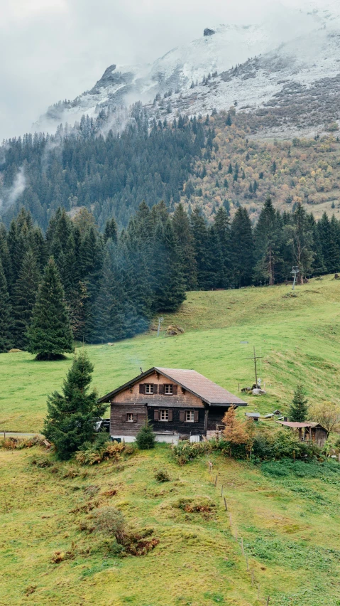 some grass a barn some trees and some hills