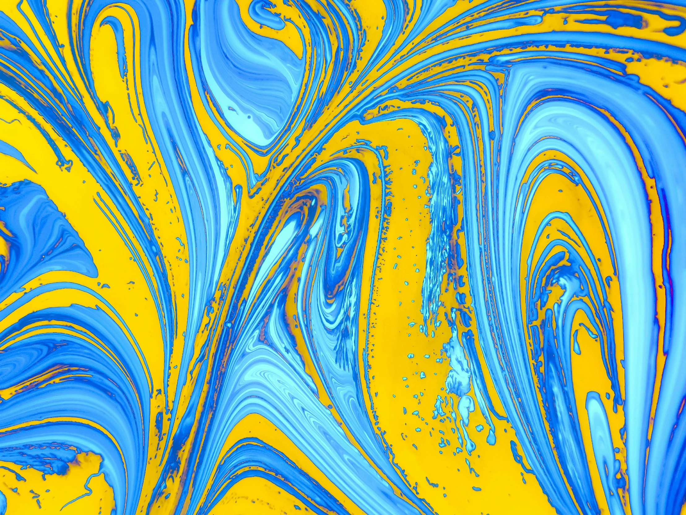 an abstract painting with blue swirls on yellow paper