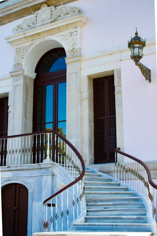 there is a set of stairs leading to the building