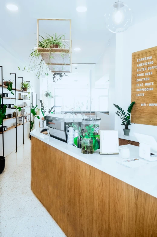 a restaurant that has a small table with potted plants