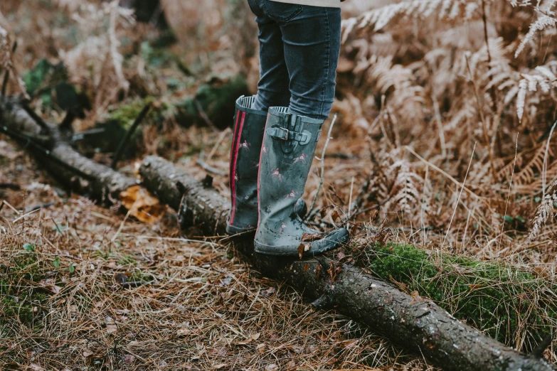 someone standing next to fallen logs and trees