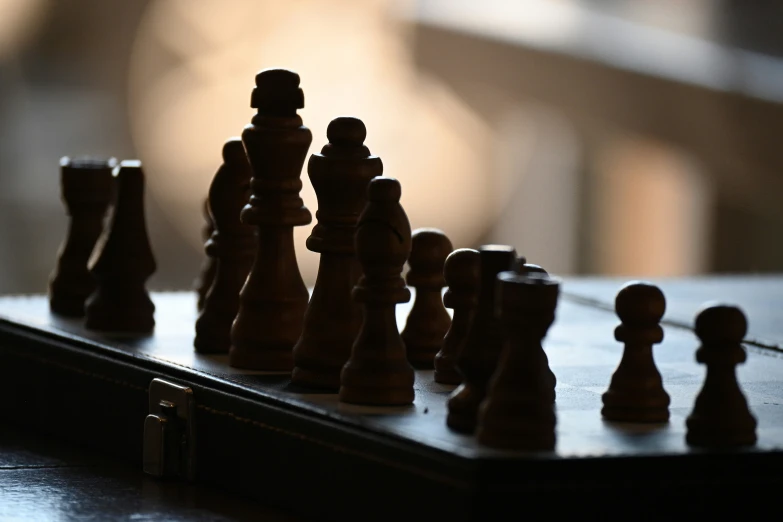 the chess board is lined with wooden pieces