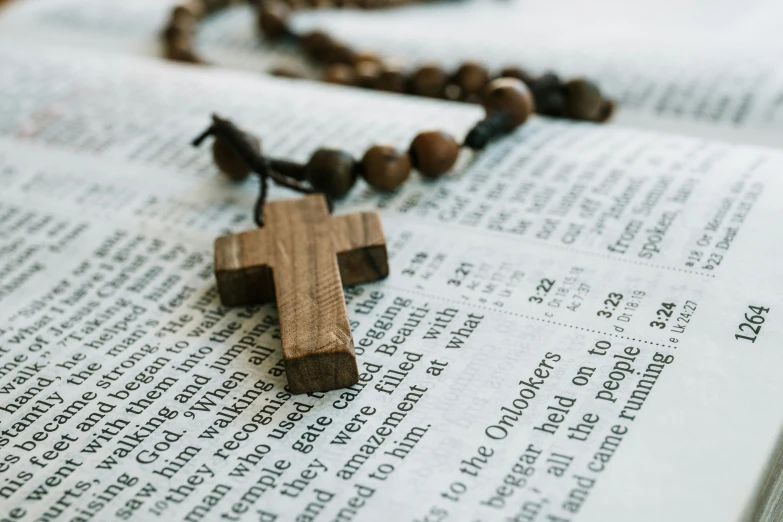 wooden rosary on an open bible