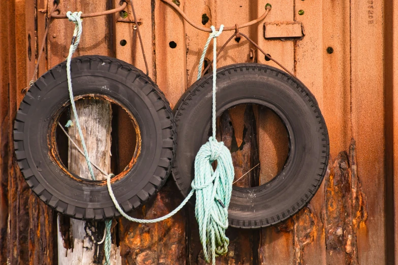 two old tires hung to the side of an old wooden door