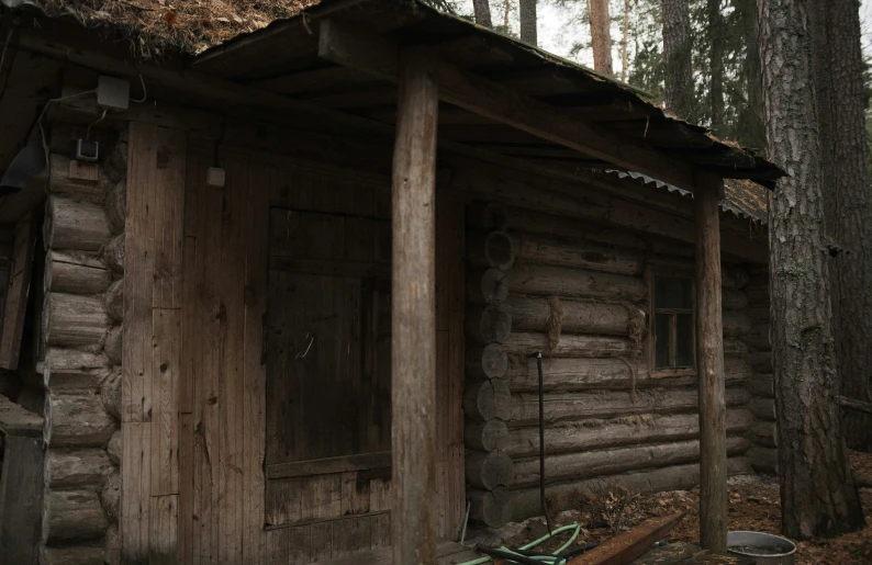 there is a small log cabin in the forest