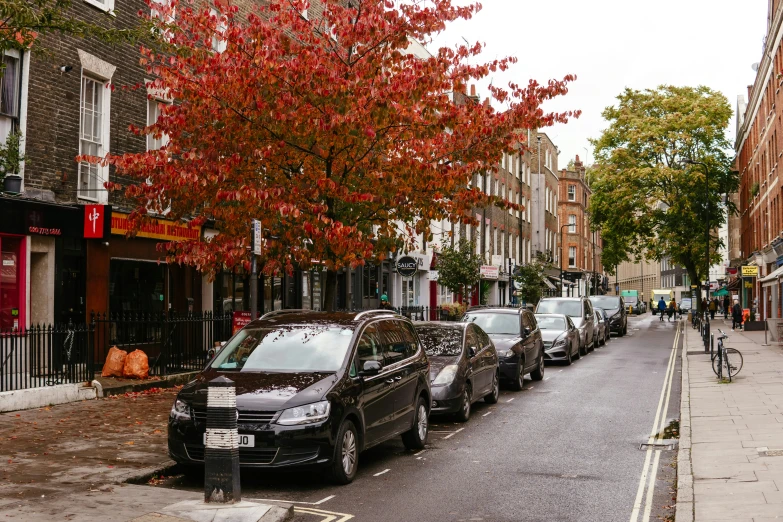 cars lined up on a city street near houses