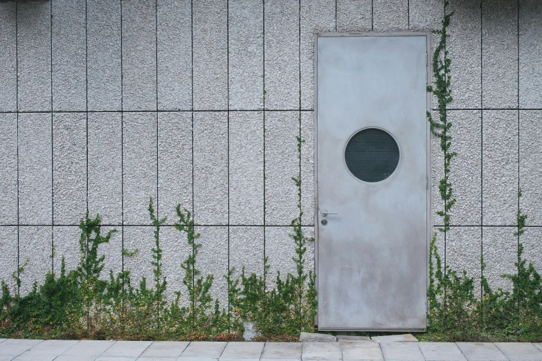 a door is on a wall next to some green plants