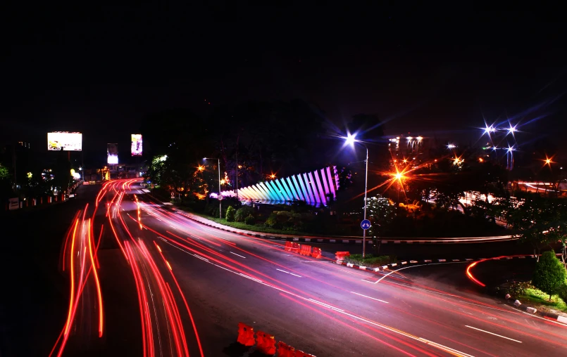 an aerial s of the city street at night