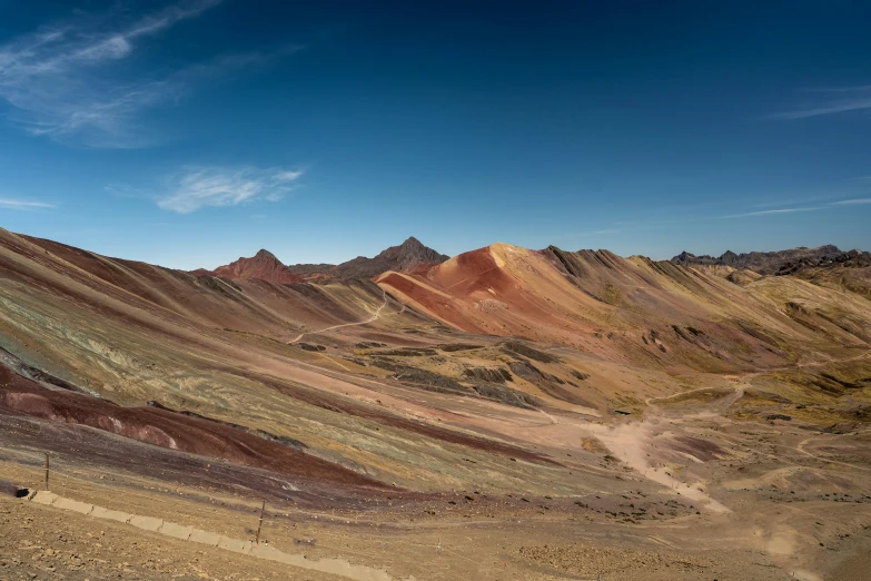 an arid terrain in the desert with a clear blue sky