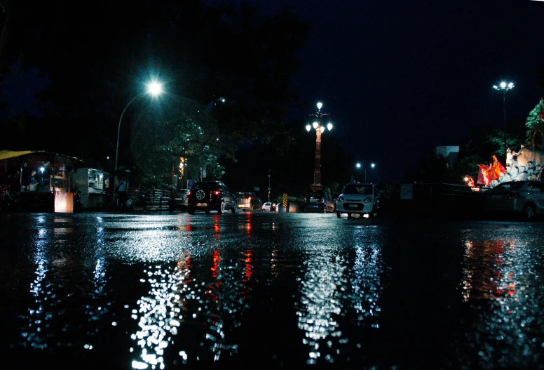 the street is empty at night with no cars in it