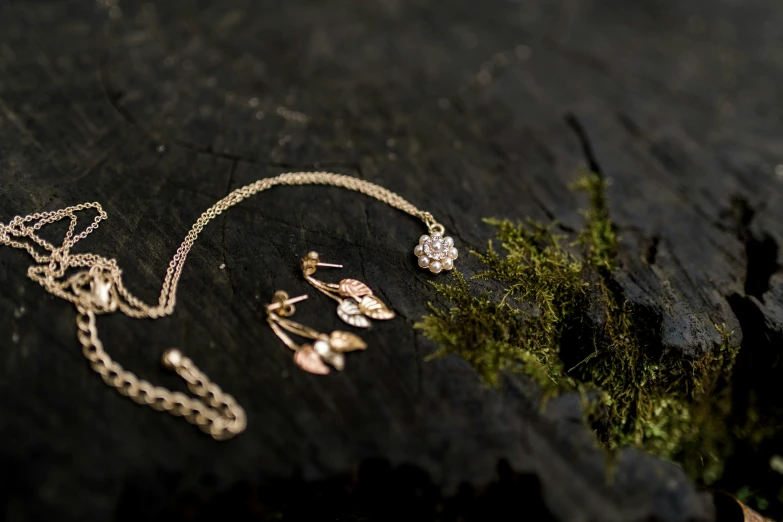 the jewellery is laying on the table beside plants