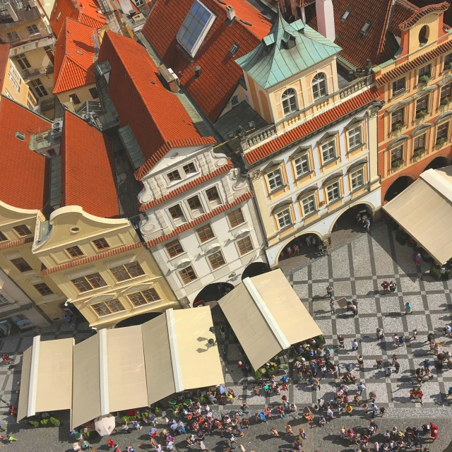 overhead view of the top half of many buildings with shops