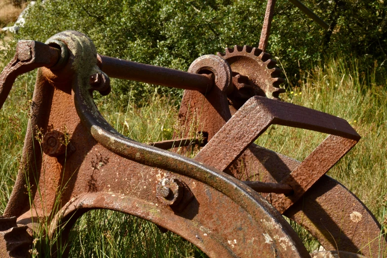 rusty metal work in a field full of tall grass