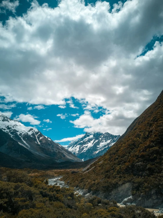 view of mountains, snow and grass on the ground