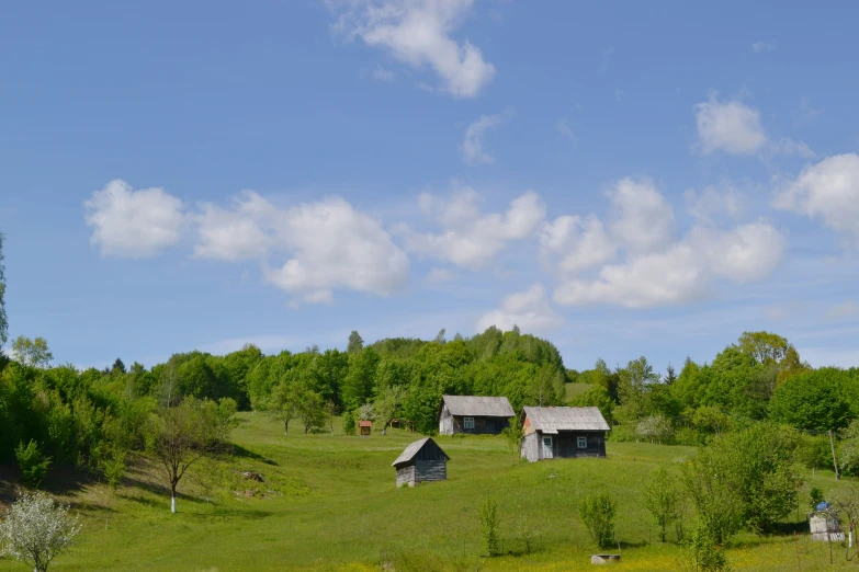 two small cottages on a grassy hill overlooking a wooded area