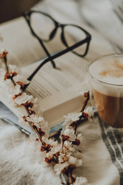 a book with glasses is near a drink