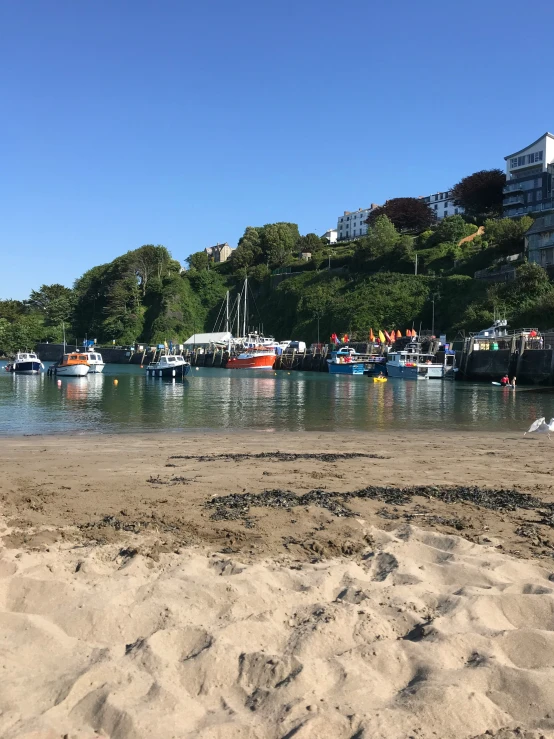 a sandy beach with lots of boats and trees in the distance