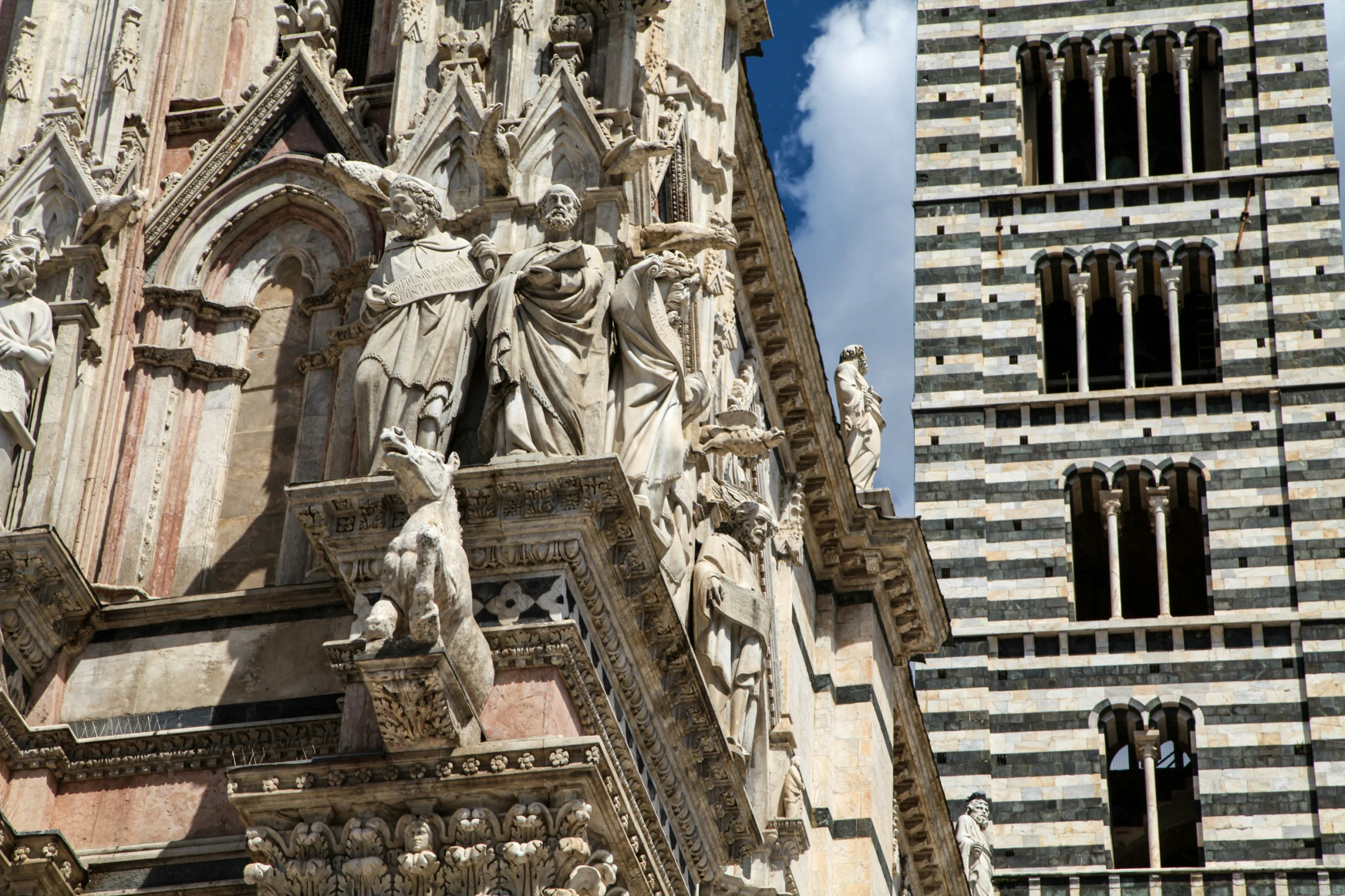 the church has carved stone sculptures on the front