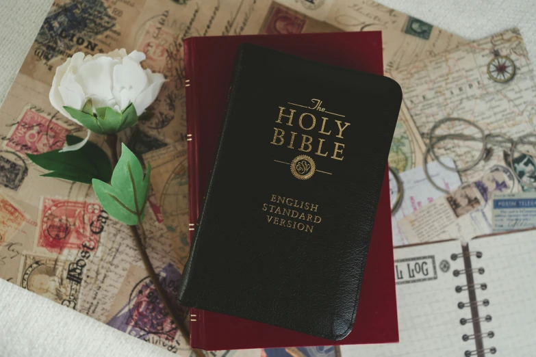 a bible with white tulips on top and old postcards behind