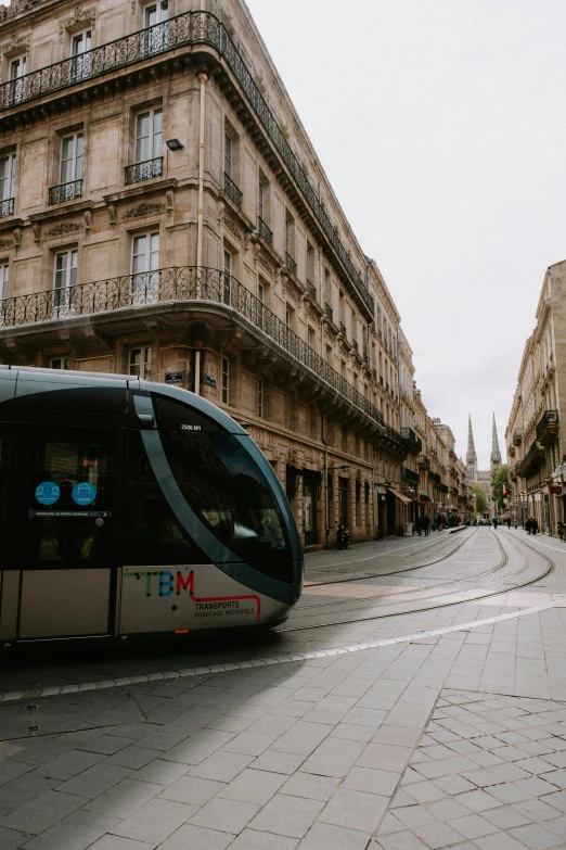 a public transit train in an urban area