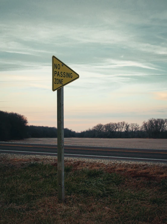 a road sign on the side of the road is telling travelers that no passing zone is allowed