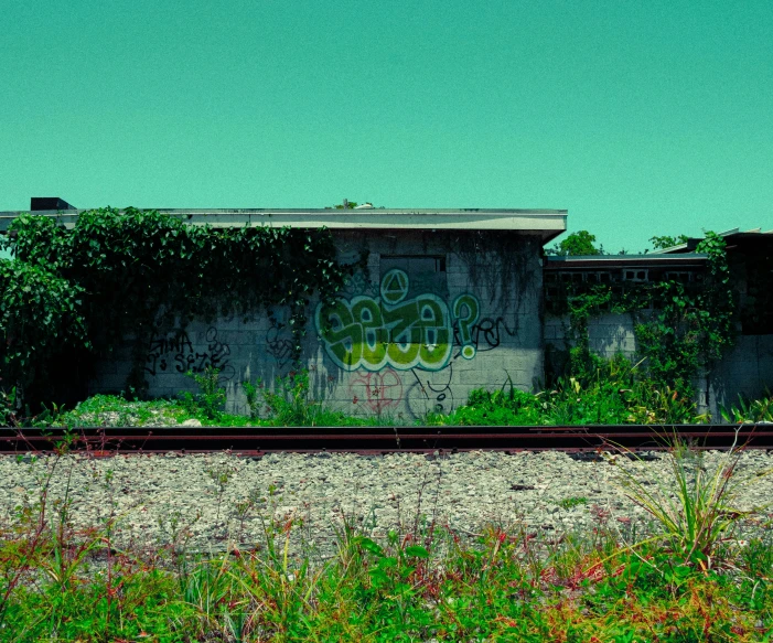 graffiti on the side of a wall next to railroad tracks