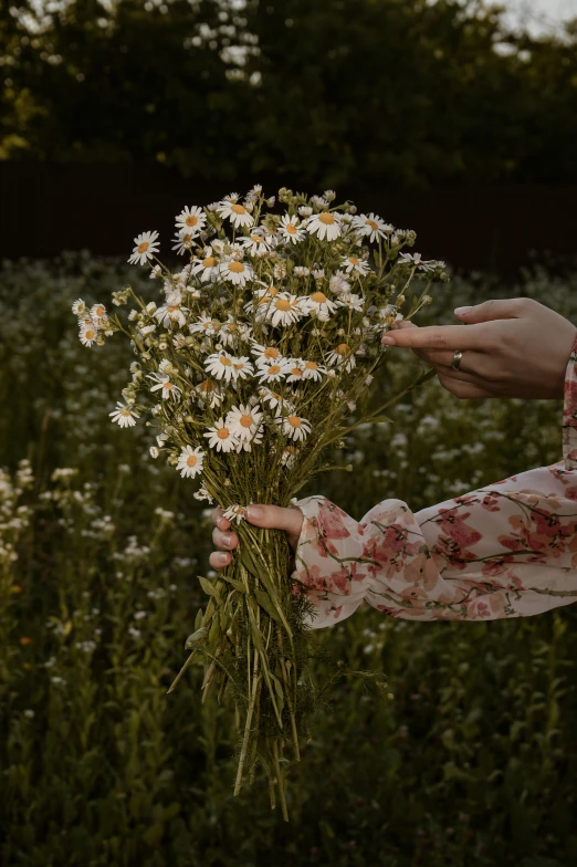 a woman holding flowers in front of a field