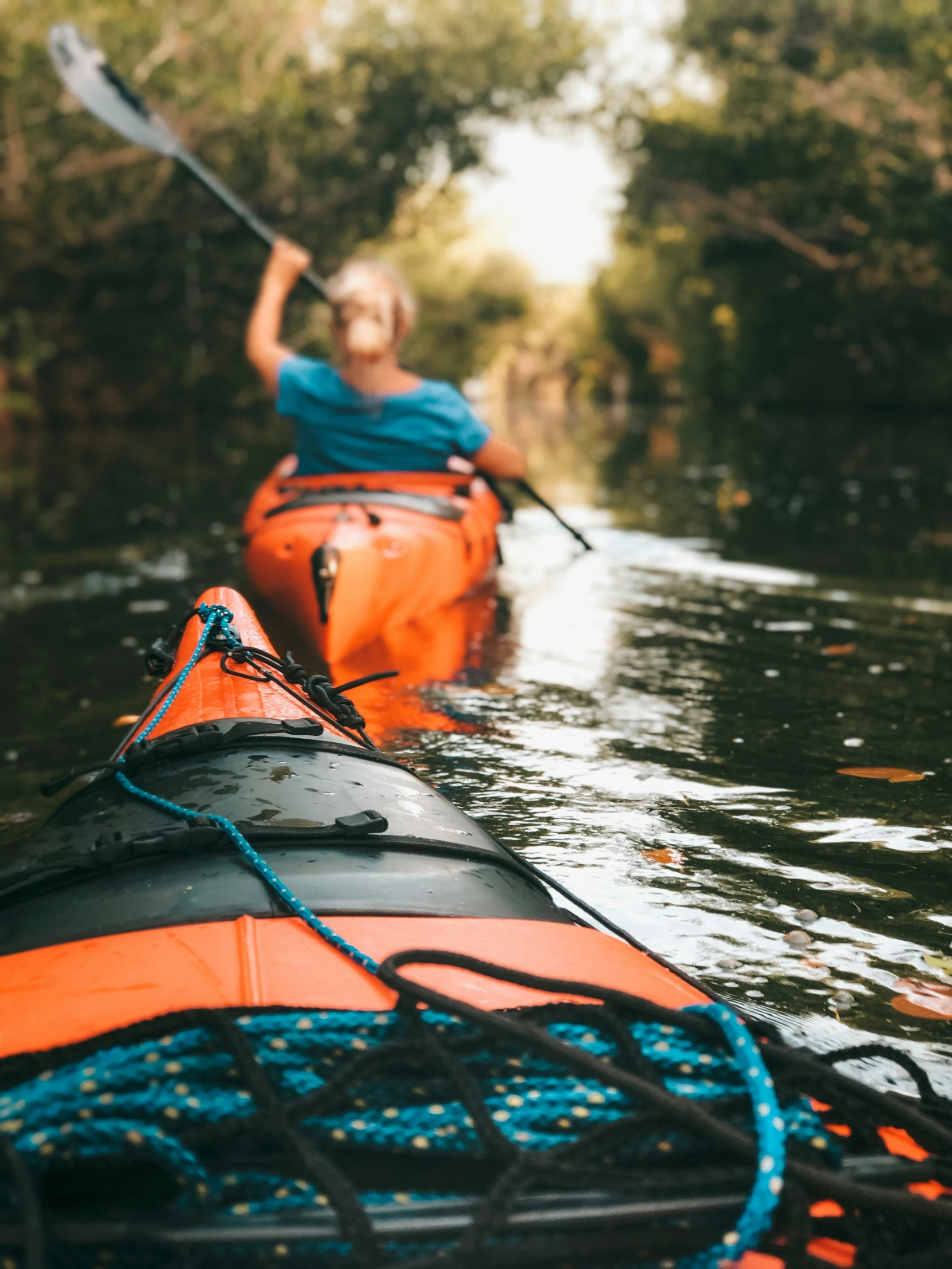 people in kayaks paddle on a canal with trees