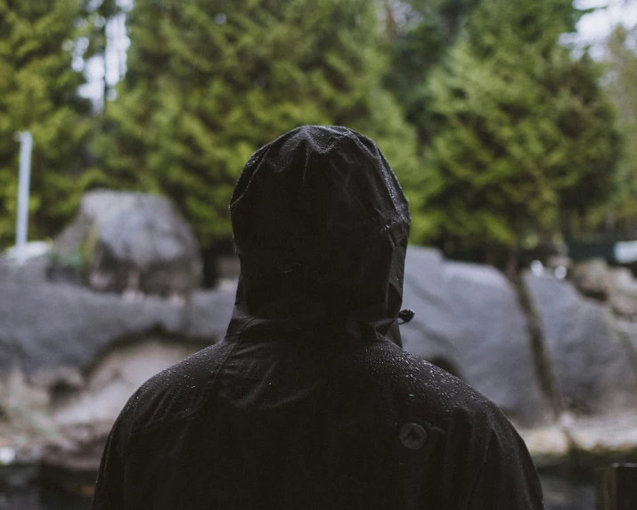 someone wearing a black rain jacket near some trees