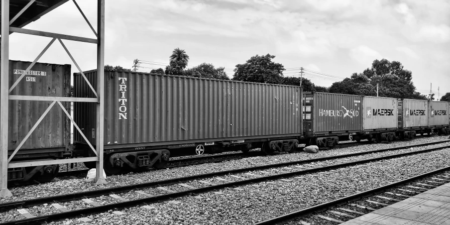 black and white pograph of train tracks with trees in the background