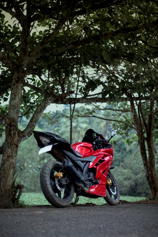 the motorcycle is parked on the road with trees behind it