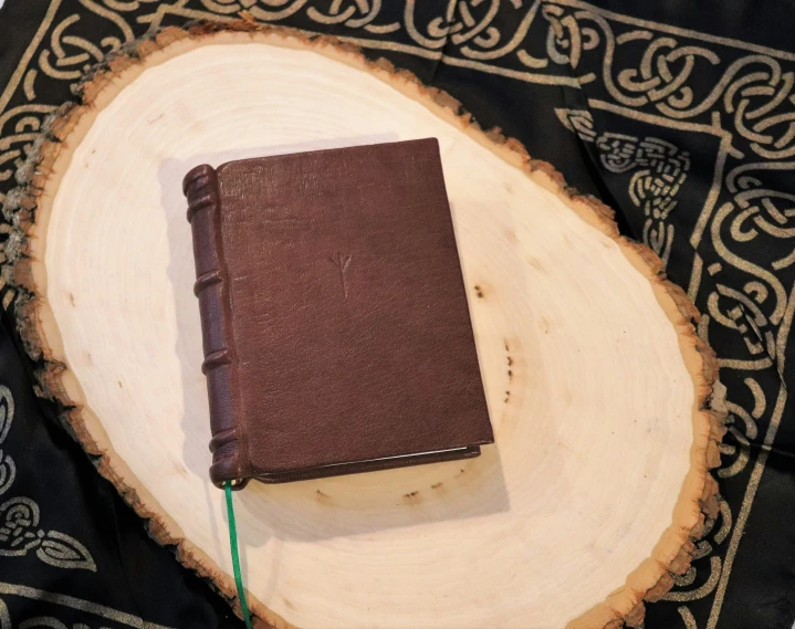 a small brown book sitting on top of a tree log