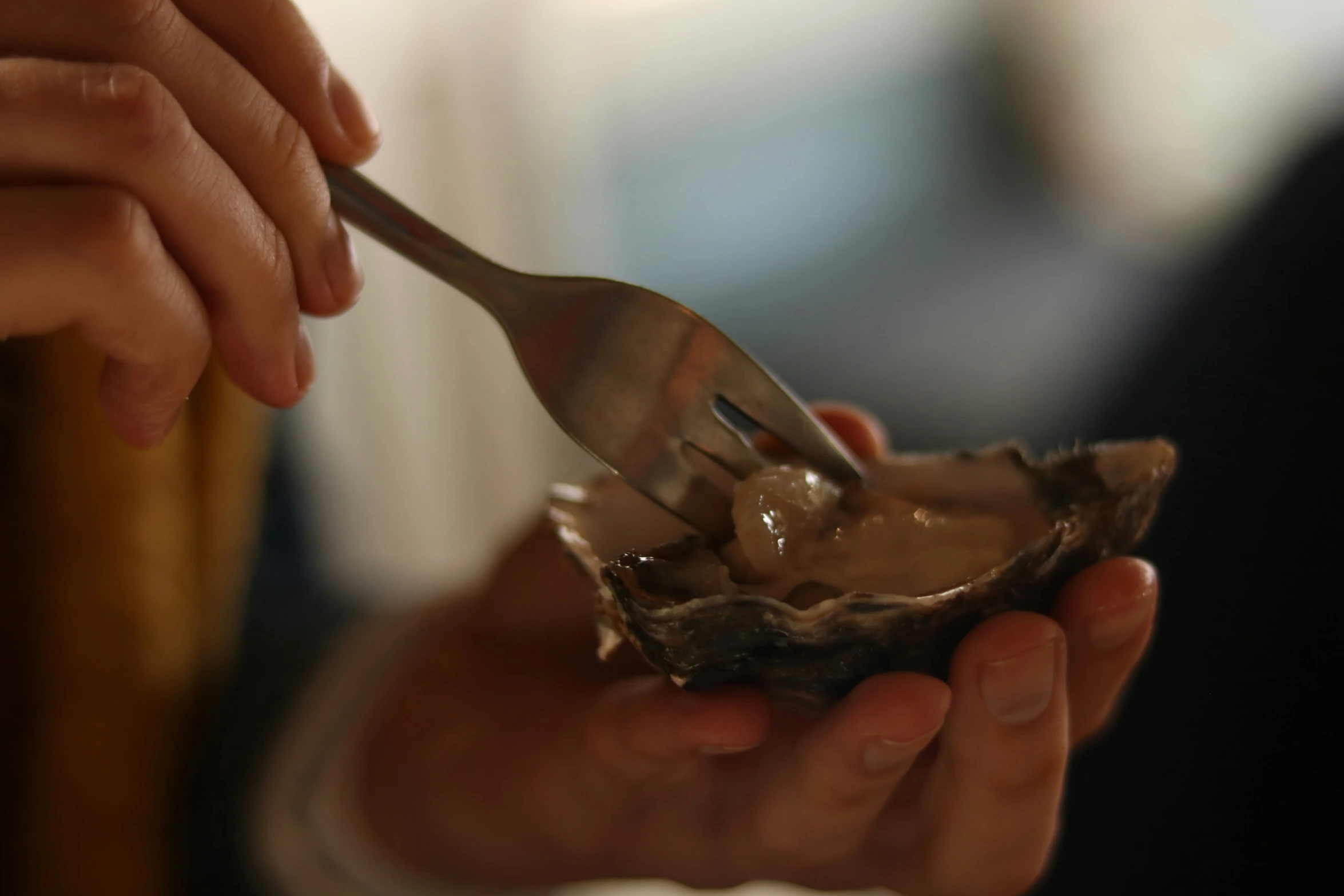 someone is holding an oyster with a spatula in their hands