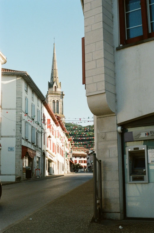 a motor bike parked in an empty city street