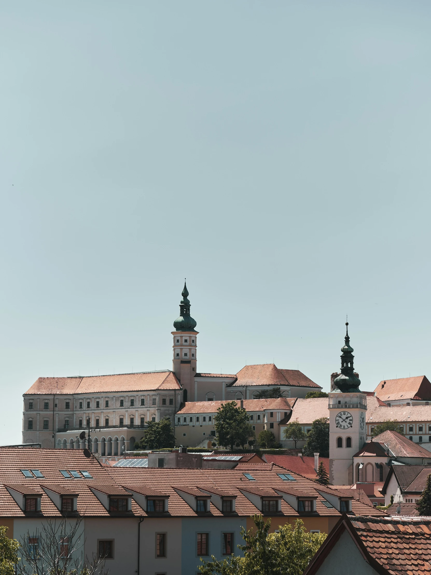 a bunch of buildings are shown behind some trees