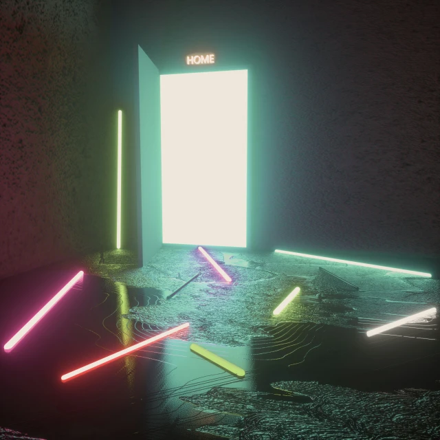 a neon light with an open door in the middle