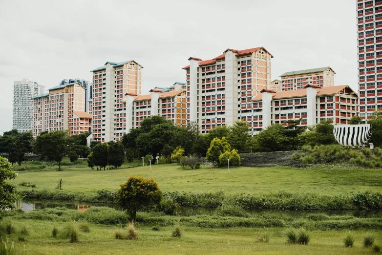 tall apartment buildings near green grassy area with trees