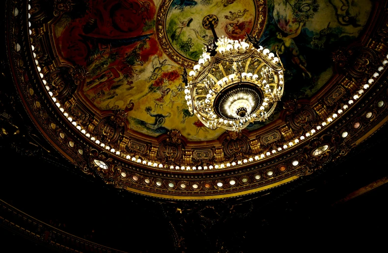 a beautiful painted ceiling with a fancy chandelier and a decorative painting on it