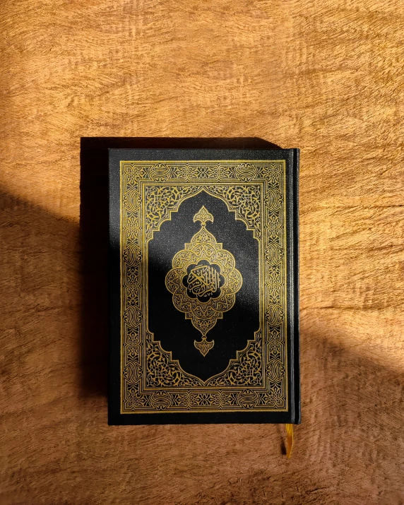 the front of a book, with intricate gold lettering on it