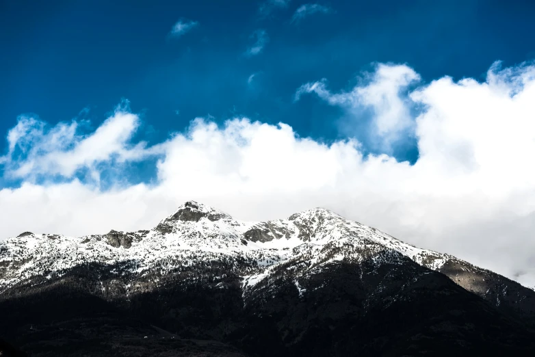 a very tall snow covered mountain under a cloudy blue sky